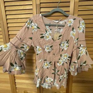 NEW with TAGS Womens Blu Pepper beige pink yellow floral kimono sleeve top S